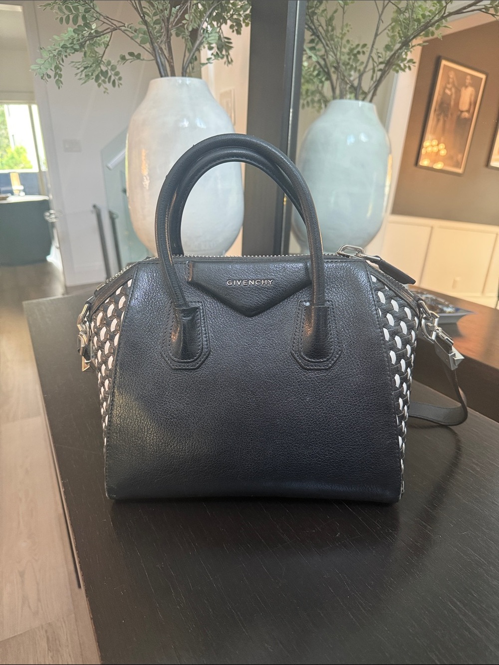 Givenchy Black Leather Crossbody Satchel with White Braided Sides